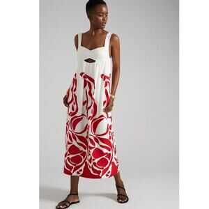 NWT Anthropologie Front Cutout Maxi Dress $248 MEDIUM Red Motif EMBROIDERED